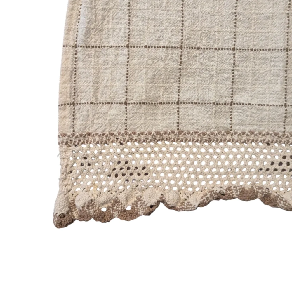 VTG 90s Ecru/Toast Windowpane Crocheted Trim Valance & 2 Half Cafe Curtain Set